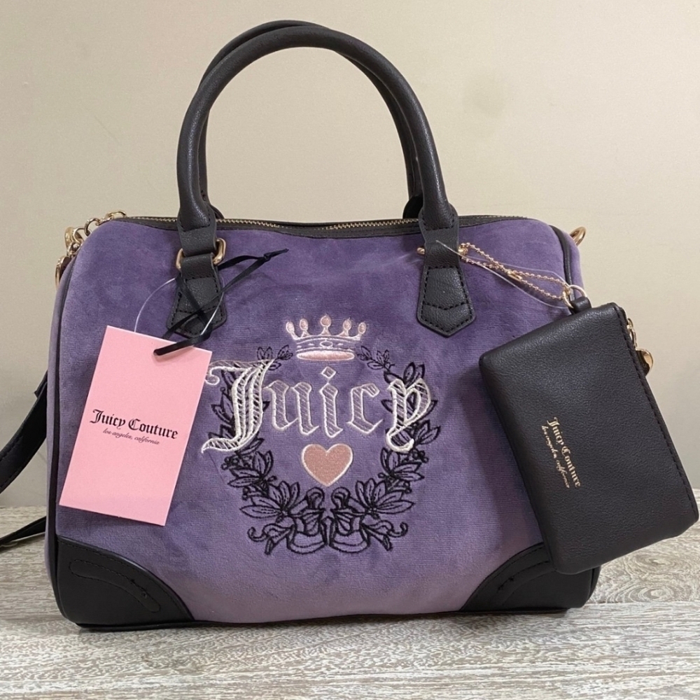💜🔹️Juicy Couture 🔹️Heritage satchel Bag Velour Dusty Violet purple - Picture 4 of 11